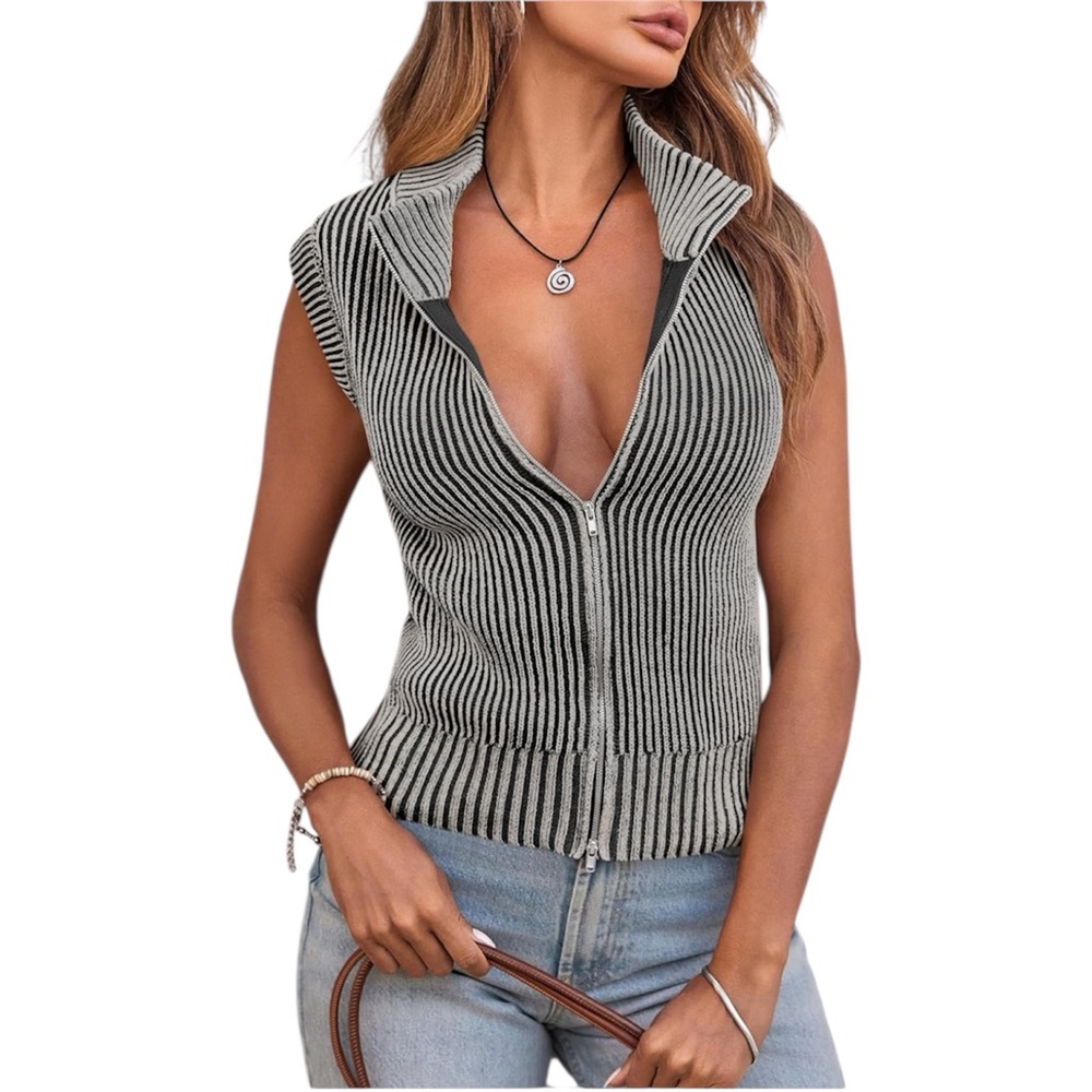 Womens Zip Up Sweater Vest Sleeveless Ribbed Knit V Neck Collared Striped Top - Picture 2 of 8